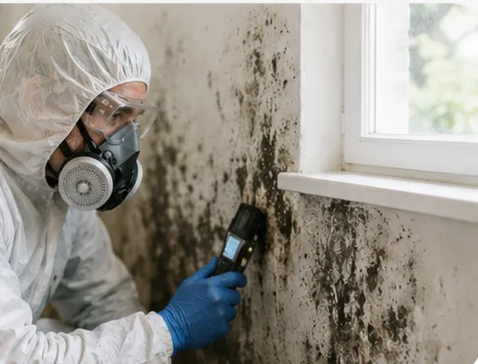 Inspector in protective equipment reading a moisture meter against a mold-affected wall