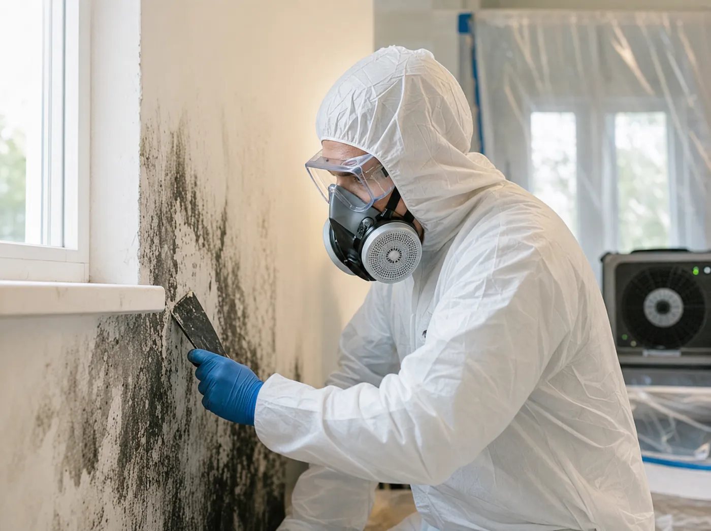 Technician in protective equipment scraping mold from a wall inside a sealed containment area